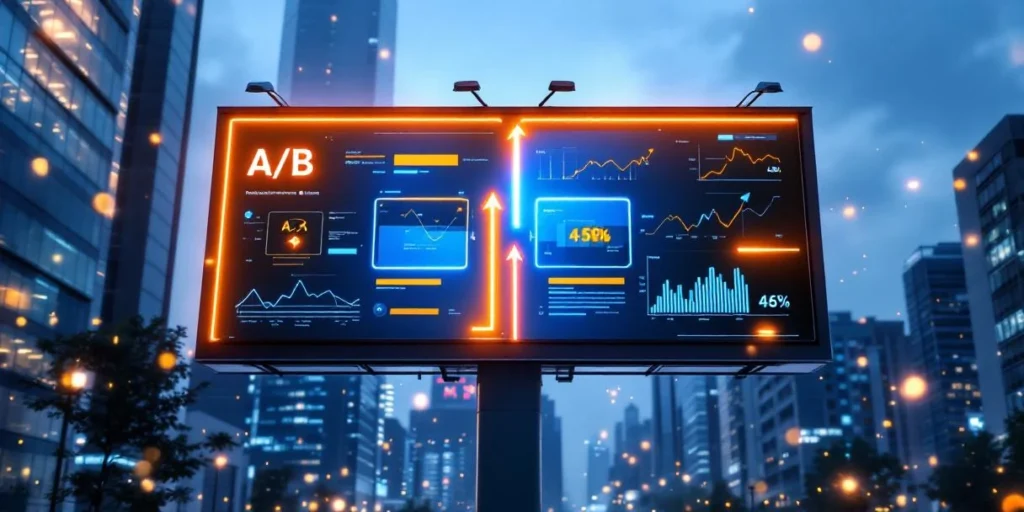Digitaal reclamebord met A/B-test vergelijking in stedelijke nachtomgeving, inclusief prestatiemetrieken en datavisualisatie