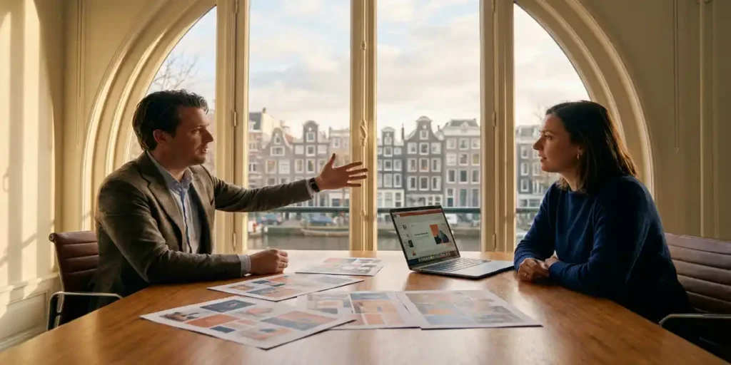Nederlandse accountmanager bespreekt campagnestrategie met klant in Amsterdams kantoor met uitzicht op de gracht.