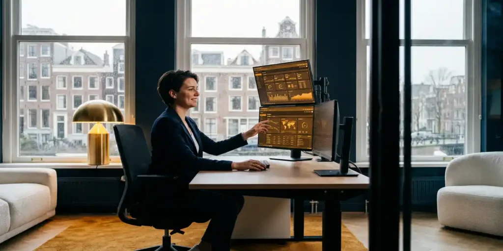 Marketingprofessional analyseert programmatic advertising-dashboards op monitors in een Amsterdams grachtenpandkantoor met uitzicht op bakstenen gevels.