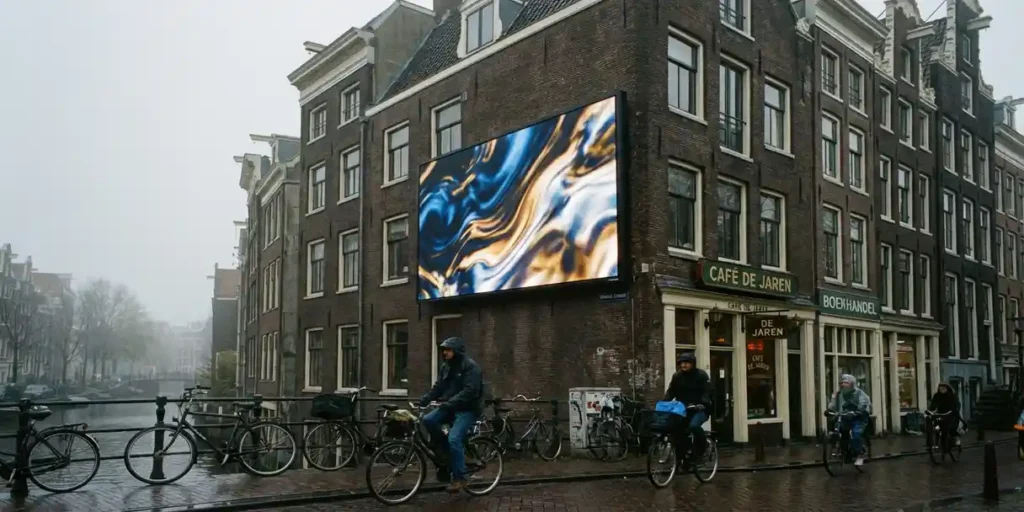 Verlicht reclamebord van een onafhankelijk Nederlands merk op een bakstenen gevelwand langs een Amsterdams kanaal, fietsers op de kasseien.
