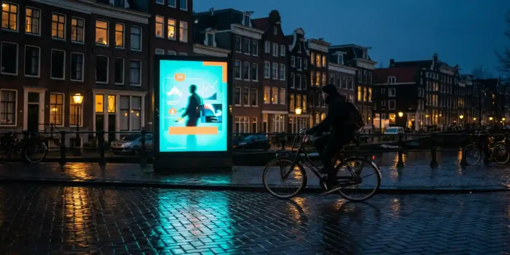 Fietser passeert verlicht digitaal reclamebord op regenachtige Amsterdamse gracht bij schemering, weerspiegeld in natte kinderkopjes.