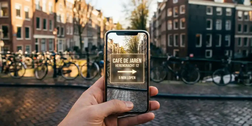 Smartphone in hand toont hyperlocale digitale advertentie over Amsterdamse grachtenstraat met fietsen en natte kinderkopjes in gouden middaglicht.