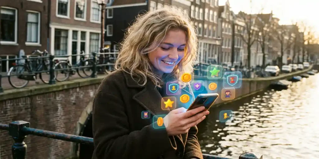 Jonge vrouw op Amsterdamse grachtenbrug met smartphone waaruit kleurrijke gamebadges zweven, fietsen en bakstenen gevels op de achtergrond.