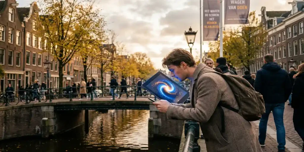 Persoon op Amsterdamse grachtenbrug stopt met scrollen voor opvallende interactieve advertentie, herfstige gevels en gouden kanaалreflecties op de achtergrond.