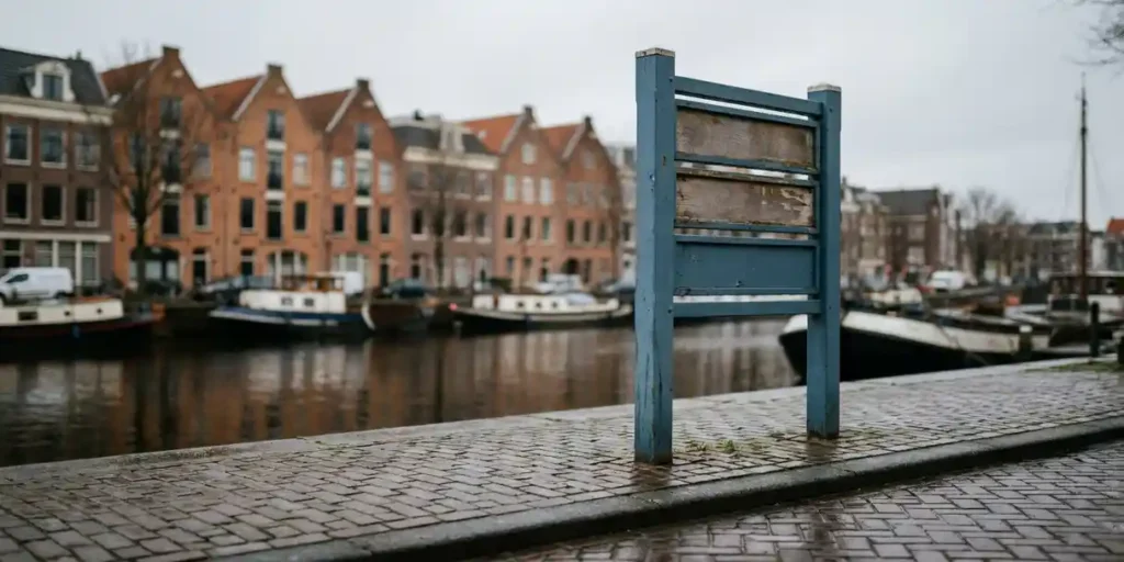 Vintage houten wegwijzer op kasseienstoep in Amsterdam, met wazig kanaal en bakstenen grachtenpanden op de achtergrond.