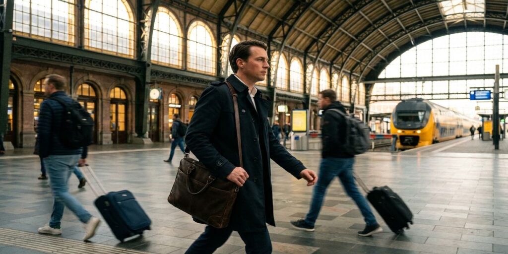 Professionele reiziger met laptoptas loopt door drukke hal van Amsterdam Centraal Station met NS-trein op achtergrond