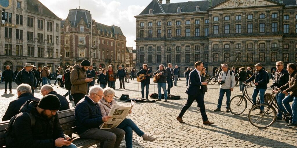 Diverse groep mensen op het Damplein in Amsterdam, toeristen en locals bij historische gebouwen in zonneschijn