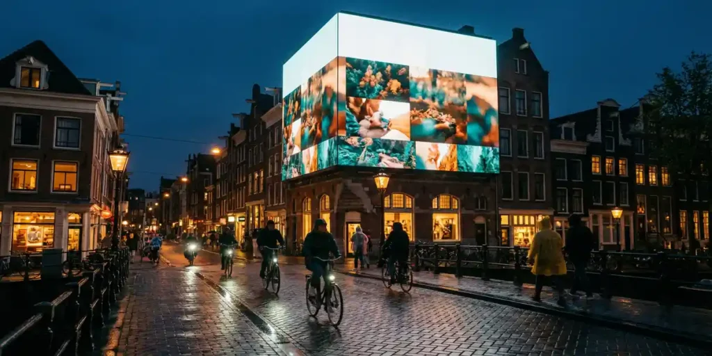 Verlichte DOOH-billboard boven drukke Amsterdamse gracht bij schemering, fietsers op natte kinderkopjes, warme straatverlichting en donkerblauwe lucht.