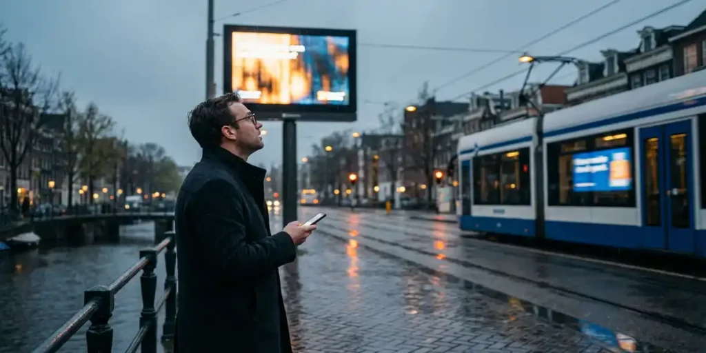 Nederlandse professional bekijkt digitaal reclamebord langs Amsterdams kanaal, smartphone in hand, tram op de achtergrond.