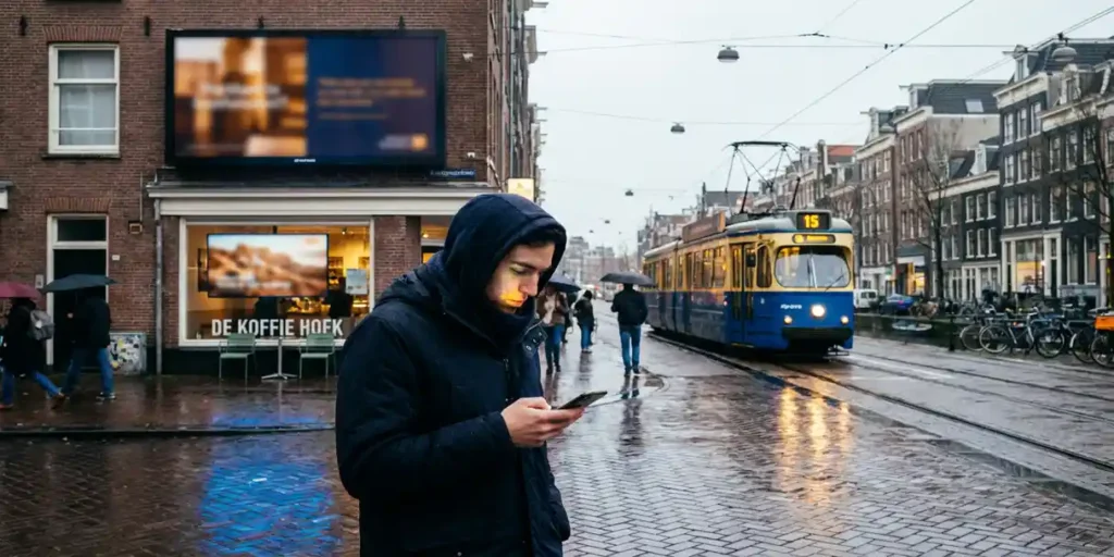 Amsterdamse tramstraat met DOOH-billboard, voorbijganger op smartphone en Connected TV zichtbaar in café, marineblauwe en amberkleurige tinten.