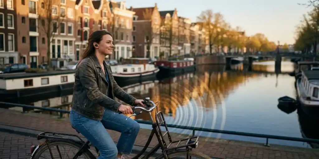 Fietser met draadloze oordopjes langs Amsterdams gracht bij gouden uur, met bakstenen grachtenpanden en woonboten weerspiegeld in het water.