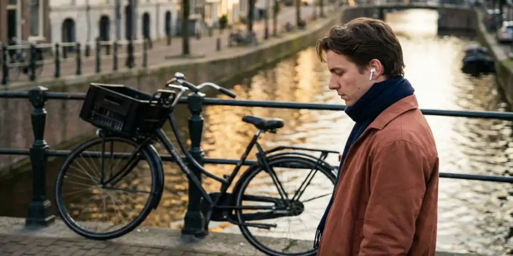 Nederlander met draadloze oordopjes op Amsterdamse grachtenbrug, leunend op ijzeren reling naast klassieke fiets in middagzon.