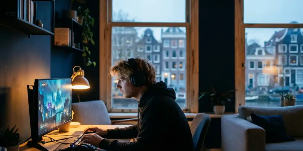 Jonge Nederlandse man geconcentreerd achter gaming setup in Amsterdams appartement met grachtenzicht, warm amber- en blauw schermgloed.