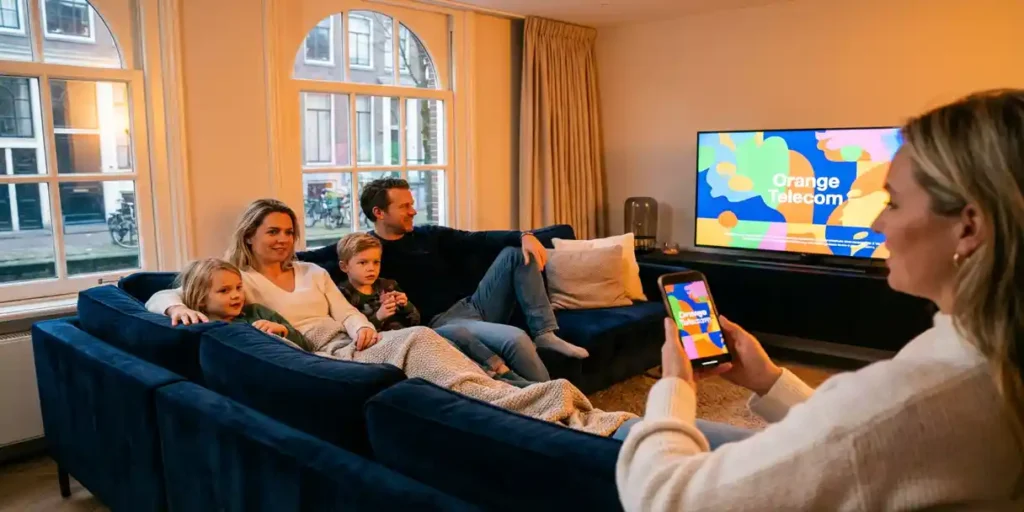 Nederlands gezin ontspant op de bank in Amsterdams appartement, tv en smartphone tonen overeenkomende advertentie bij kaarslicht.