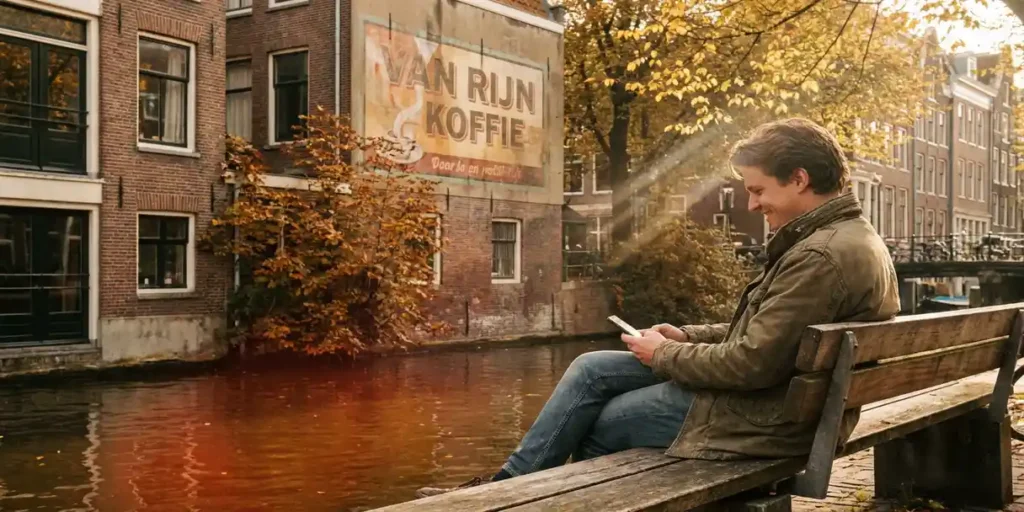 Persoon op bankje aan Amsterdamse gracht bekijkt smartphone, omringd door bakstenen gevels en herfstige iepen in gouden middaglicht.