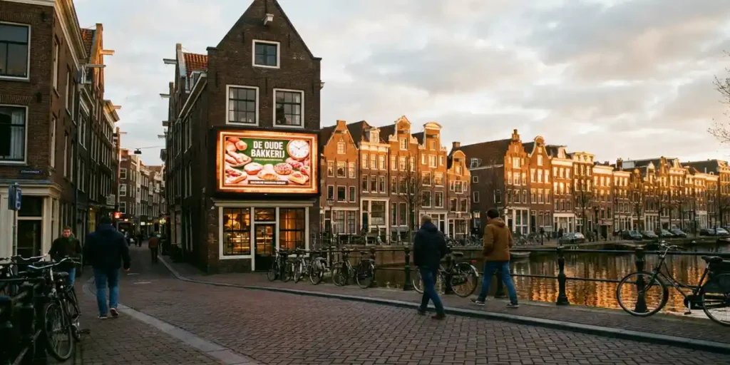 Digitaal reclamescherm op gevelwand langs Amsterdamse gracht met bakkerijpromotie, bakstenen grachtenpanden op de achtergrond, gouden-uurlicht.