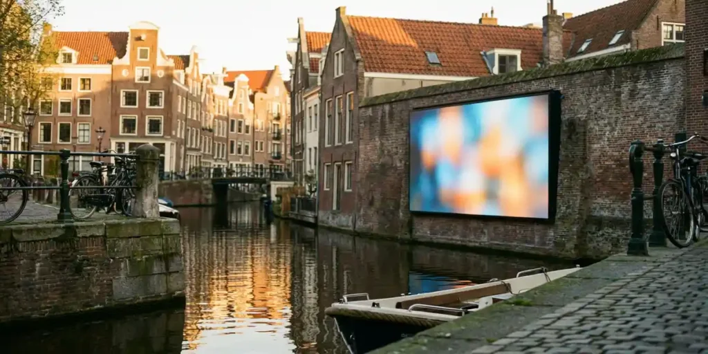 Amsterdams grachtenpand met trapgevels weerspiegeld in stil water, verlicht DOOH-billboard op bakstenen muur in warm middaglicht.