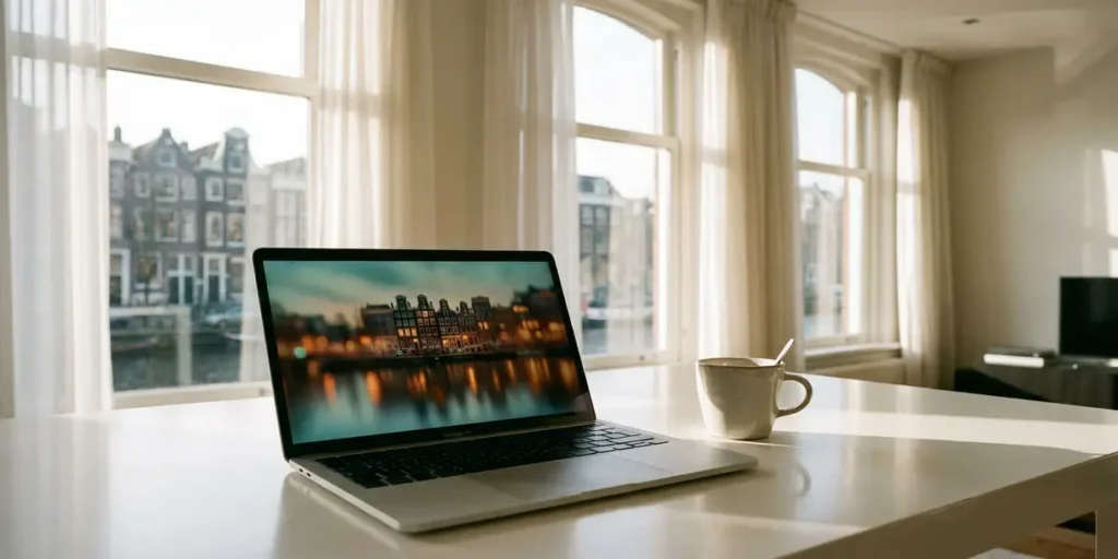 Laptop op wit bureau toont Amsterdamse grachtenreflectie, naast keramische koffiekop in zacht ochtendlicht.