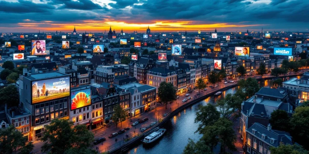 Luchtfoto Amsterdam grachtenring met digitale billboards en holografische displays bij gouden uur