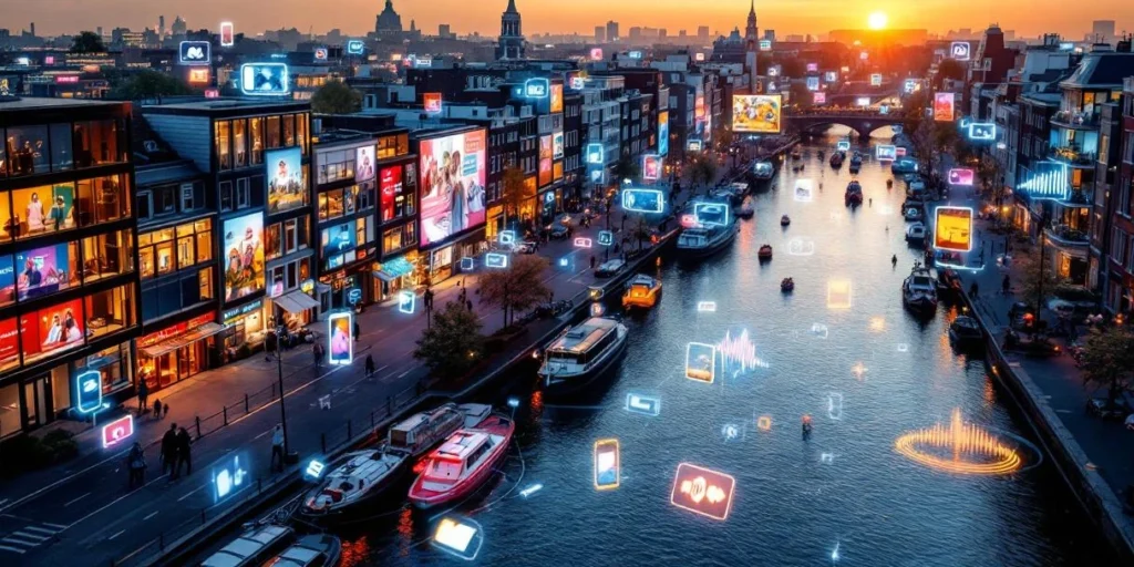 Luchtfoto van Amsterdam kanalen bij zonsondergang met moderne kantoorgebouwen en digitale advertentieschermen
