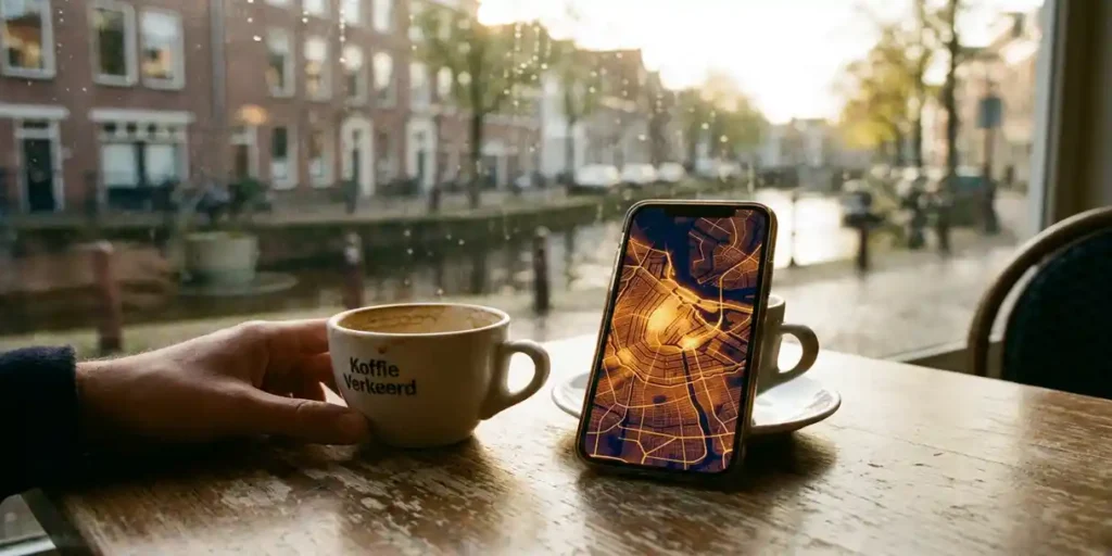 Smartphone met warmtekaart van Amsterdamse straten op een cafétafel, met koffie en een Haarlemse gracht op de achtergrond.