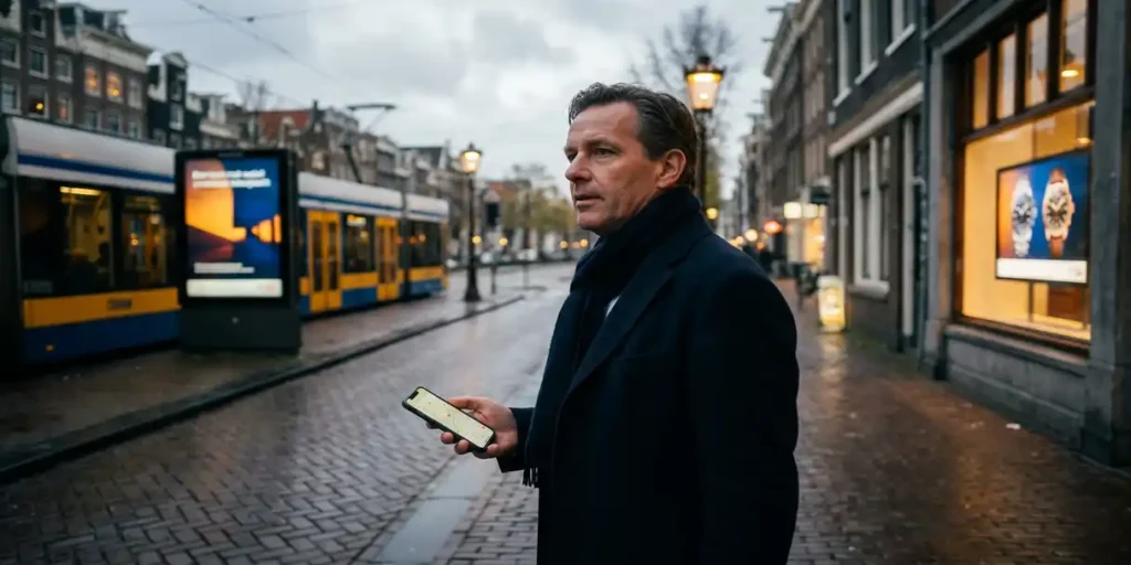 Professional loopt door Herengracht Amsterdam, omringd door digitale reclame op tram, smartphone en DOOH-display in zacht middaglicht.