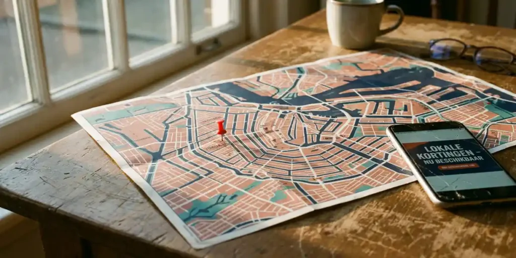 Kaart van Amsterdams grachtengordel op houten tafel met rode pin en smartphone met lokale digitale advertentiecampagne.