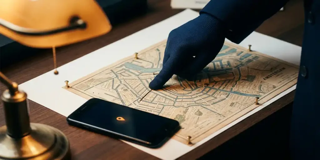 Gehandschoende vinger wijst route op papieren kaart van Amsterdamse grachtengordel, met smartphone ernaast.