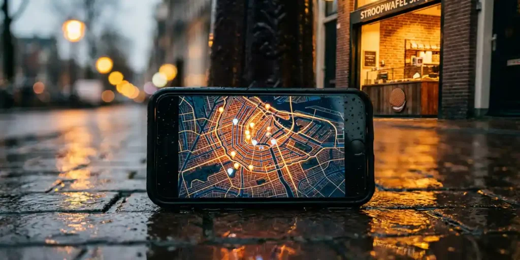 Smartphone met gloeiende kaart van Amsterdams grachtengordel op natte kinderkopjes, warme amberkleurige straatverlichting op de achtergrond.
