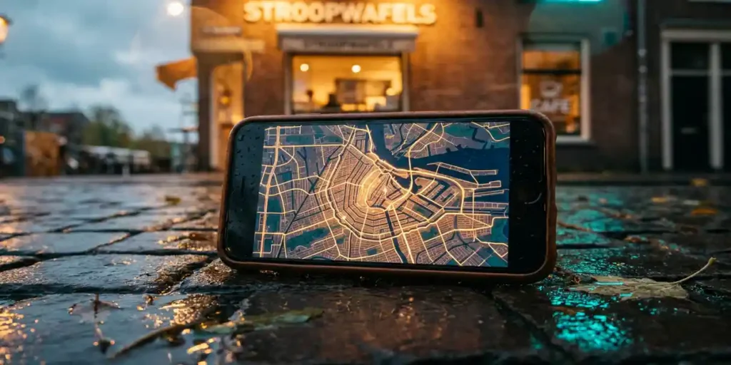 Smartphone met verlichte kaart van Amsterdamse grachtengordel op natte kinderkopjes, stroopwafelwinkel op de achtergrond.