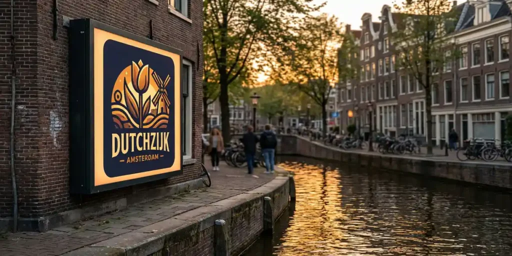 Verlicht reclamebord langs een Amsterdams gracht, gouden middaglicht weerspiegeld op het water, historische gevels en fietsen op de achtergrond.
