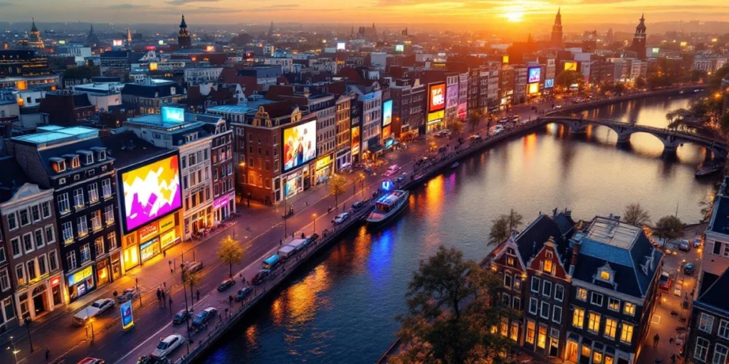 Luchtfoto van Amsterdam met digitale reclameschermen langs grachten en historische gebouwen tijdens gouden uur