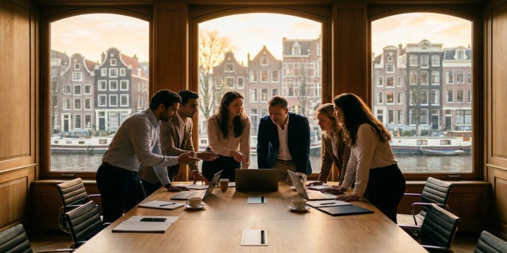 Diverse werknemers werken samen rond vergadertafel in Amsterdam kantoor met uitzicht op gracht