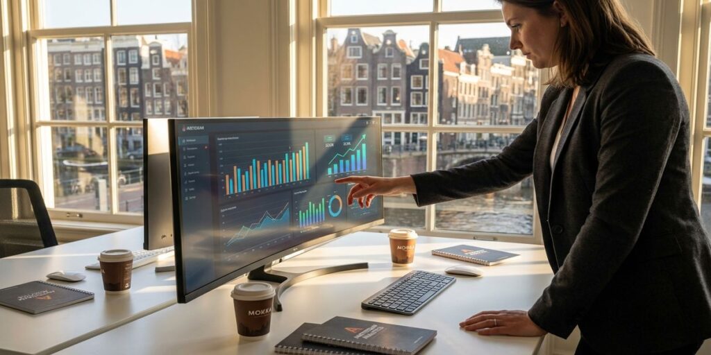 Zakenvrouw analyseert kleurrijke groeicijfers op monitor in modern Amsterdam kantoor met uitzicht op grachtenhuizen