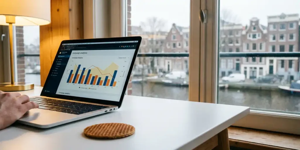 Laptop met campagne-analysegrafieken op wit bureau, Amsterdams grachtenpand zichtbaar door winterraam, stroopwafel op bureaurand.