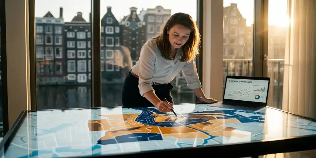 Marketingprofessional bestudeert interactieve kaart van Amsterdam met gekleurde wijkzones, laptop met campagnedata, grachtenpanden op de achtergrond.