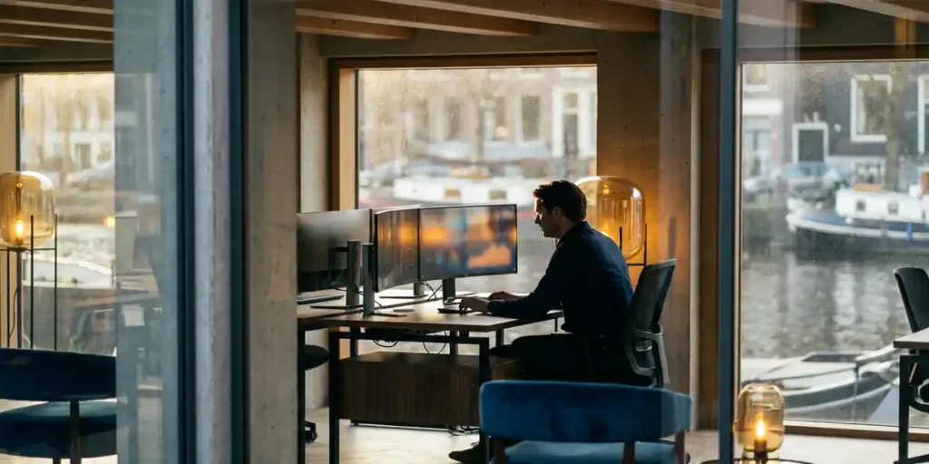 Mediaprofessional werkt aan minimalistisch bureau in Amsterdams grachtenpand met meerdere schermen en warm middaglicht.