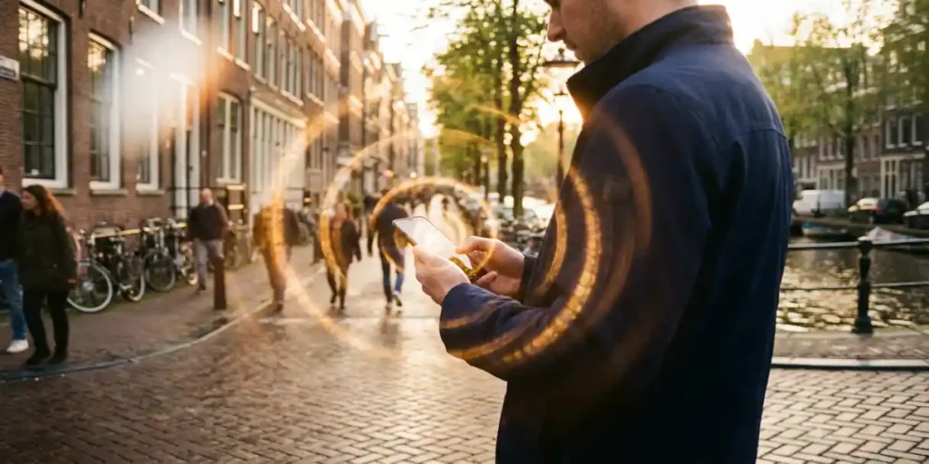Persoon houdt smartphone vast op Amsterdamse gracht bij gouden uur, met bokeh-ringen en historische gevels op de achtergrond.