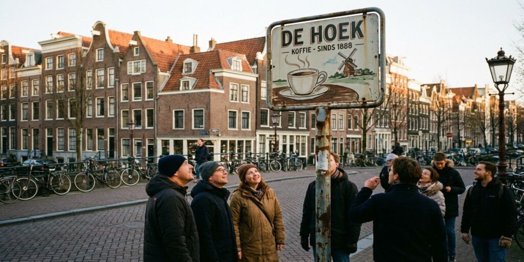 Vintage reclamebord voor koffieshop op drukke Amsterdamse straat met traditionele grachtenpanden en voorbijgangers