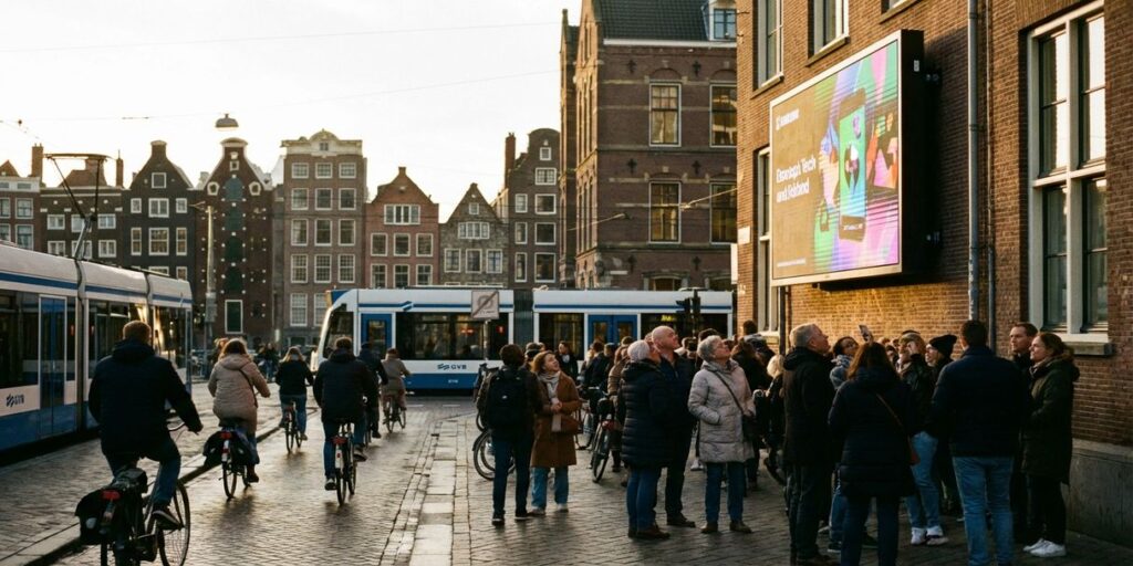 Digitaal reclamebord op Amsterdams bakstenen gebouw trekt voetgangers op drukke straat met grachtenhuizen en fietsen