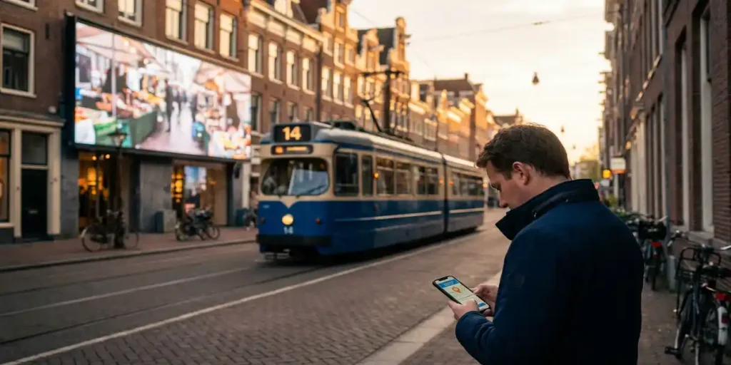 Voetganger bekijkt smartphone met gelokaliseerde advertentie naast een DOOH-billboard in een Amsterdamse straat met tram en grachtenpanden.