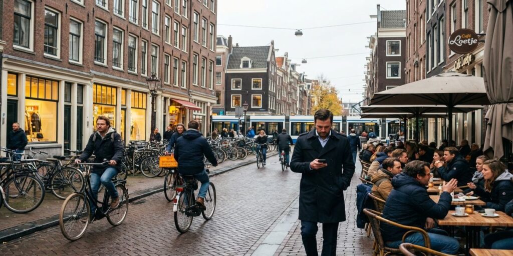 Professionele persoon met smartphone loopt door drukke Amsterdamse straat met fietsers en historische grachtenpanden