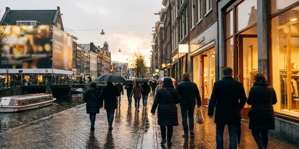 Drukte Amsterdamse winkelstraat met voorbijgangers op natte klinkers, gouden middaglicht op gevels langs de gracht.