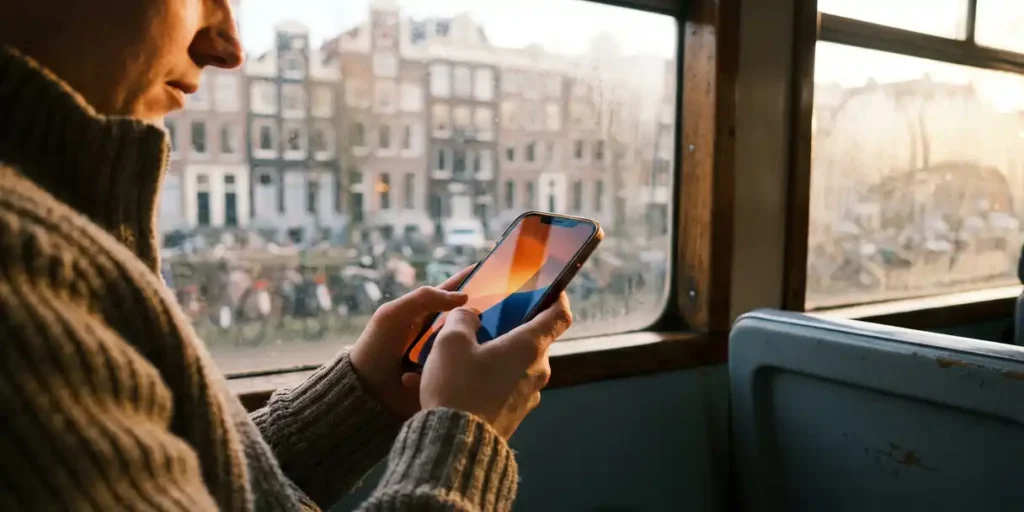 Amsterdamse forens in tram bekijkt display-advertentie op smartphone, met wazige grachtenhuizen en fietsen op achtergrond.