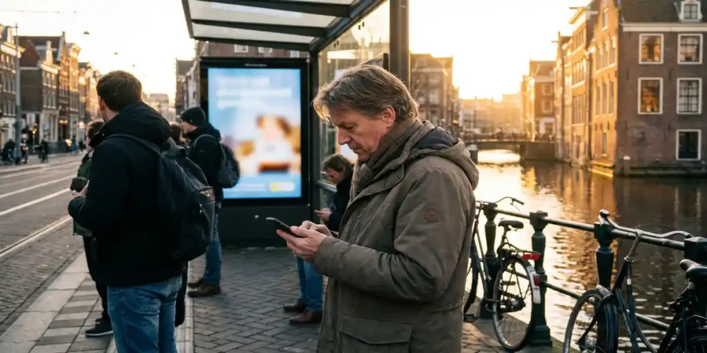 Amsterdamse forens checkt smartphone bij tramhalte aan gracht tijdens ochtendspits, gouden tegenlicht op bakstenen gevels en waterreflecties.