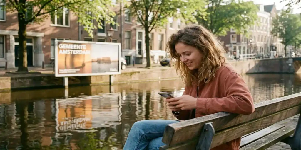 Jonge vrouw op een bankje aan een Amsterdamse gracht, spelend op haar smartphone in warm middaglicht tussen iepen.