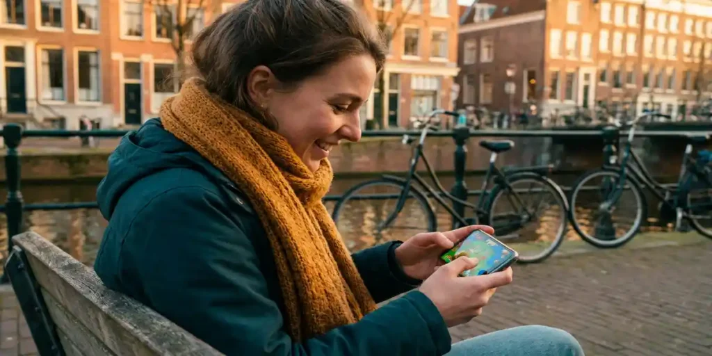 Jonge Nederlandse vrouw speelt glimlachend een mobiel spel op haar smartphone bij een Amsterdams gracht, historische grachtenpanden op de achtergrond.