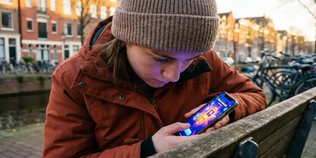 Jonge vrouw op Amsterdamse kanaalkade speelt mobiel spel, kleurrijke beloningsanimaties verlichten haar gezicht, grachtenpanden op de achtergrond.