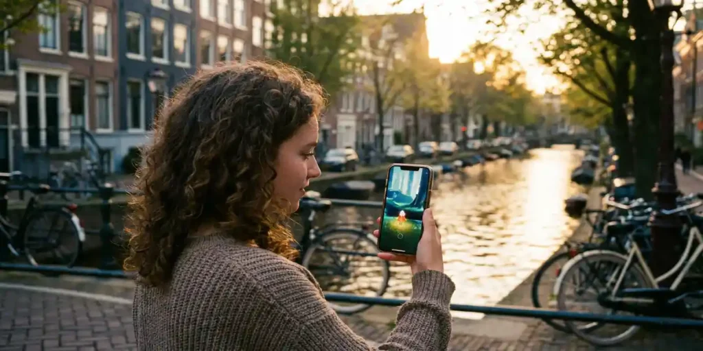 Jonge Nederlandse vrouw speelt mobiel spel op smartphone aan een Amsterdams gracht, fietsen en grachtenpanden op de achtergrond.