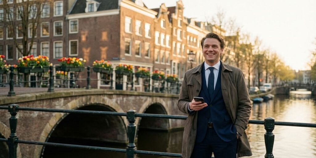 Nederlandse zakenvrouw staat zelfverzekerd op Amsterdamse gracht brug met smartphone, historische grachtenpanden op achtergrond
